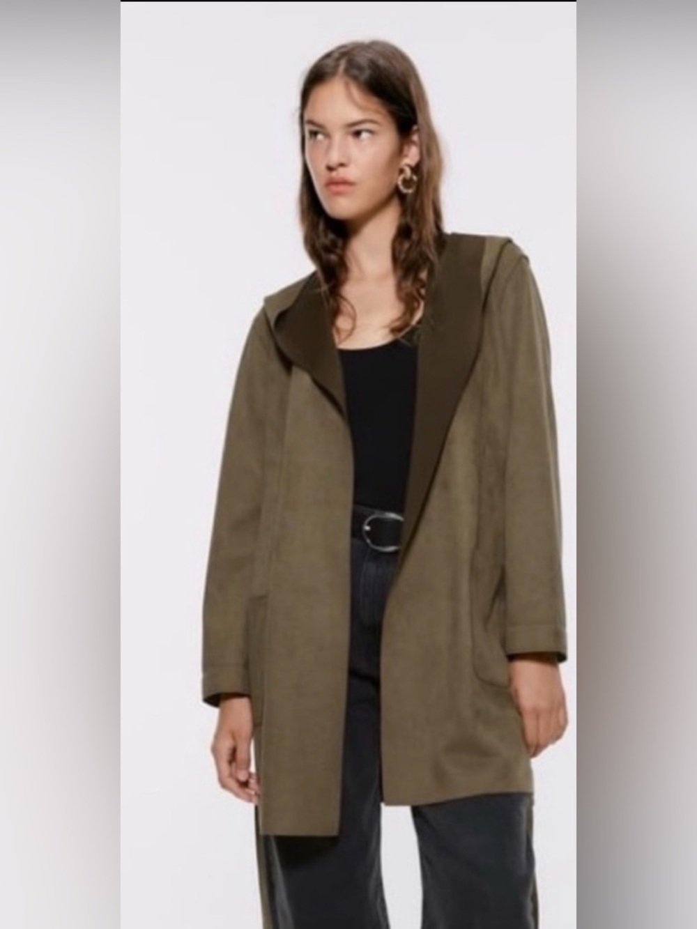 Zara Brown Faux Suede Hooded Coat Small  Minimalist 70s Chic Boho Luxe